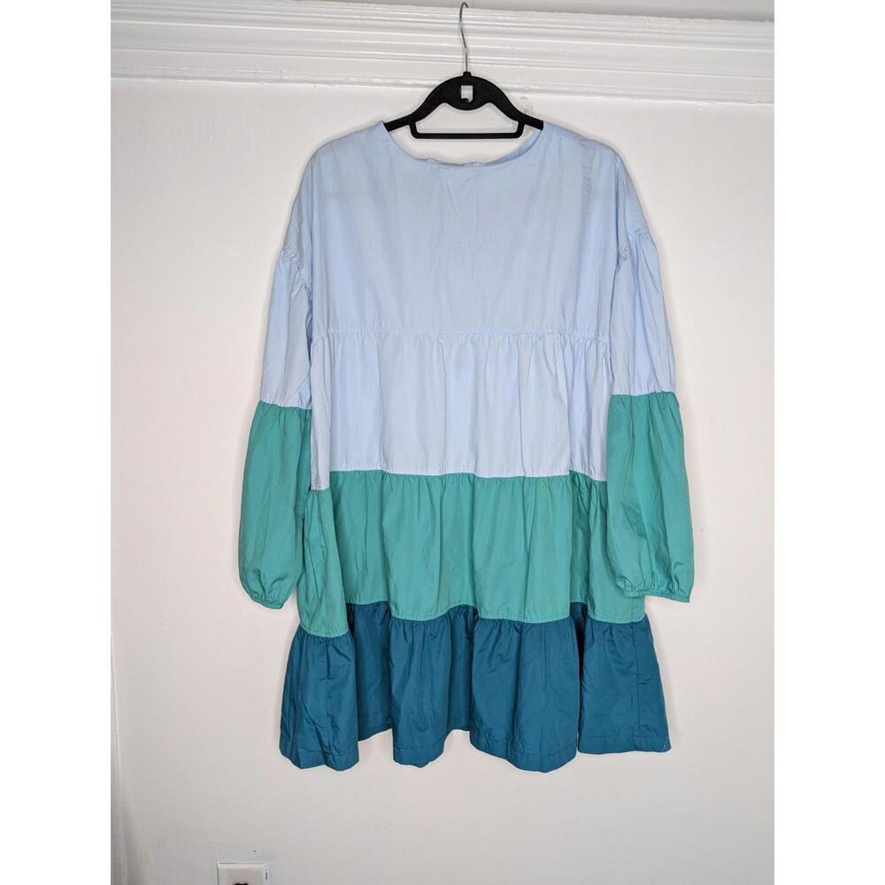 AARON & AMBER Color Block Tiered Mini Dress Blue Teal Green Puff Sleeve Size L - Picture 2 of 8